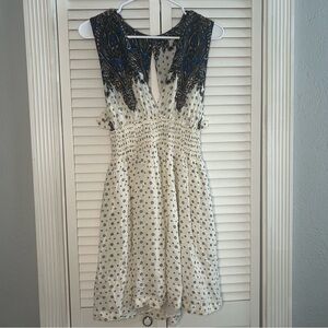 Free People Walking Through Dreams Cream Blue Floral Plunge Mini Dress Size L